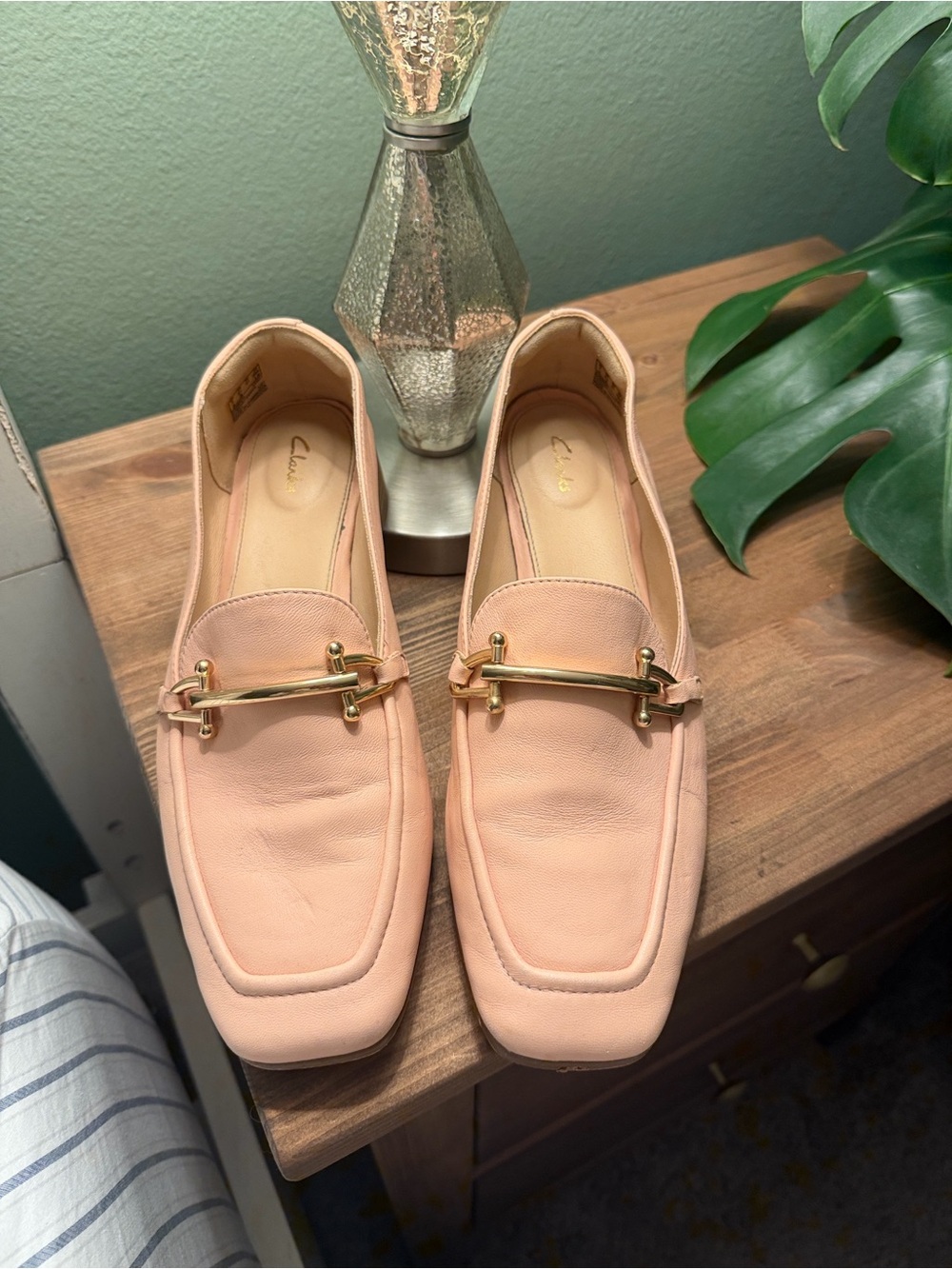 Clarks Women's Peach Leather Slip-On Loafers with Gold Accent